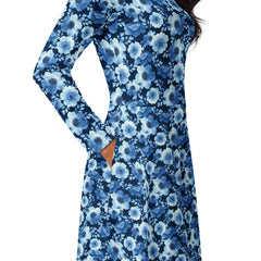 Modest Clothing All-over Blue Flowers print long sleeve midi dress with pockets