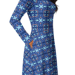 Modest Clothing All-over Blue Geometric print long sleeve midi dress with pockets