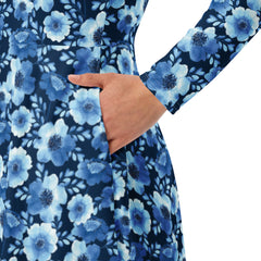 Modest Clothing All-over Blue Flowers print long sleeve midi dress with pockets