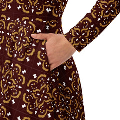 Modest Clothing All-over Rich Chocolate Brown Geometric print long sleeve midi dress with pockets