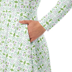 Modest Clothing All-over Green Geometric print long sleeve midi dress with pockets