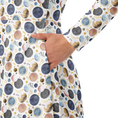 Modest Clothing All-over Out of this World Galaxy Moon and Planets print long sleeve midi dress with pockets