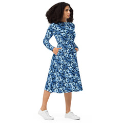 Modest Clothing All-over Blue Flowers print long sleeve midi dress with pockets