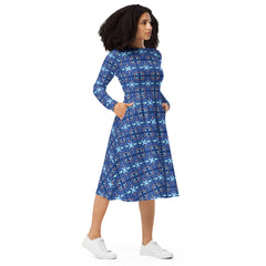 Modest Clothing All-over Blue Geometric print long sleeve midi dress with pockets