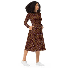 Modest Clothing All-over Rich Chocolate Brown Geometric print long sleeve midi dress with pockets