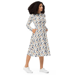 Modest Clothing All-over Out of this World Galaxy Moon and Planets print long sleeve midi dress with pockets