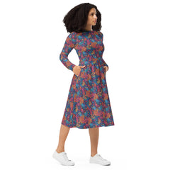 Modest Clothing All-over Abstract Multi-Color print long sleeve midi dress with pockets