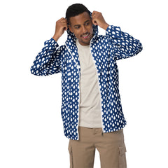 Blue and White Rain Drops Men’s windbreaker water-resistant zippered long sleeve with hood