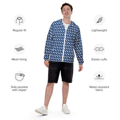 Blue and White Rain Drops Men’s windbreaker water-resistant zippered long sleeve with hood