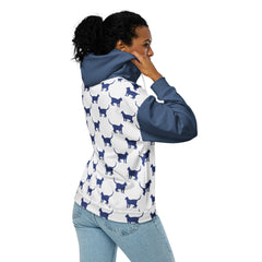 Cat and Mouse Blue and White Unisex zip hoodie gift for someone who loves cats