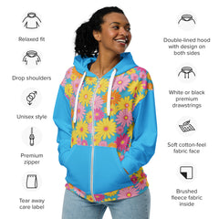 Retro 60's 70's Style Flower Power Blue Unisex zip hoodie Vintage Style zippered sweatshirt with hood