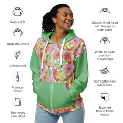 Retro 60's 70's Style Flower Power Green Unisex zip hoodie Vintage Style zippered sweatshirt with hood