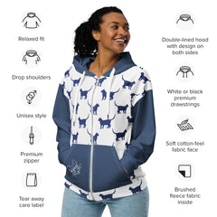 Cat and Mouse Blue and White Unisex zip hoodie gift for someone who loves cats