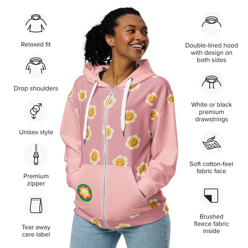 Sunshine Daisies Smiley Faces Unisex zip hoodie Pink and Yellow zippered sweatshirt with hood