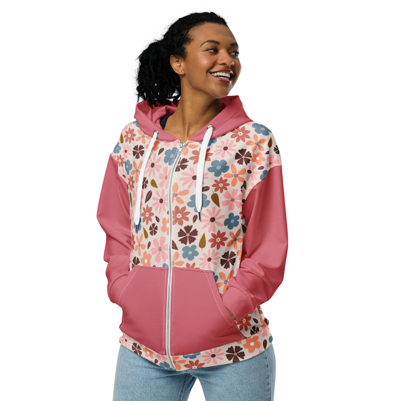 Retro Vintage Style Pink Flowers Long Sleeve Unisex zip hoodie with Pockets