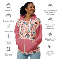 Retro Vintage Style Pink Flowers Long Sleeve Unisex zip hoodie with Pockets