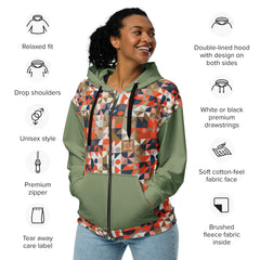 Green Geometric Long Sleeve Unisex zippered hoodie with pockets