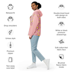 Sunshine Daisies Smiley Faces Unisex zip hoodie Pink and Yellow zippered sweatshirt with hood