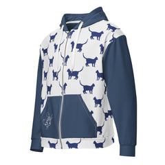 Cat and Mouse Blue and White Unisex zip hoodie gift for someone who loves cats