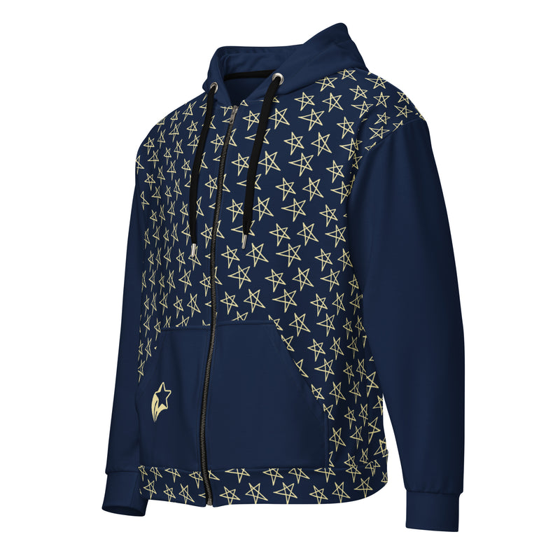 Navy Starry Night Shooting Star Unisex zippered long sleeve hoodie with hood