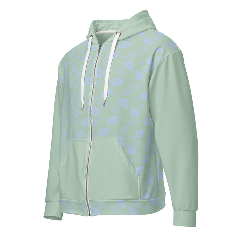 Spring Green Blue Leaves Unisex zippered long sleeve hoodie with hood