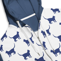 Cat and Mouse Blue and White Unisex zip hoodie gift for someone who loves cats