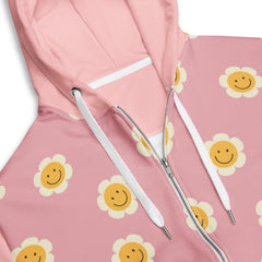 Sunshine Daisies Smiley Faces Unisex zip hoodie Pink and Yellow zippered sweatshirt with hood