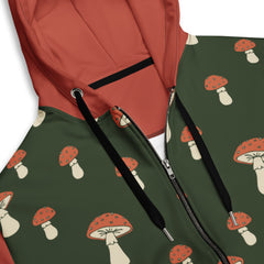 Woodsy Mushrooms Unisex zip hoodie Green Red zippered sweatshirt with hood