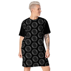 Black Geometric Circle Print T-shirt dress available in Regular and Plus Sizes