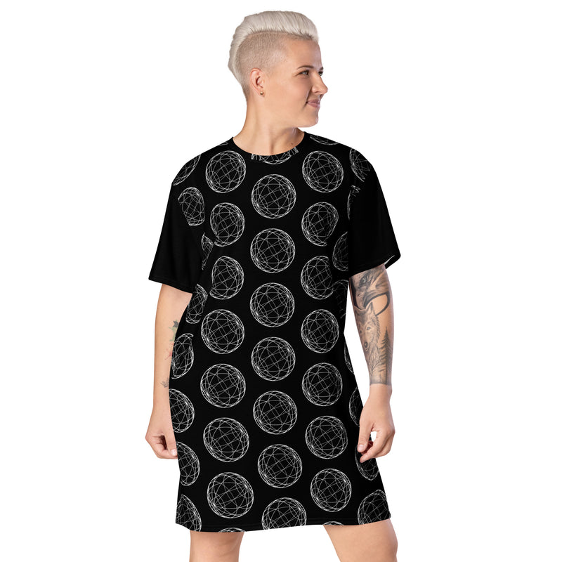 Black Geometric Circle Print T-shirt dress available in Regular and Plus Sizes