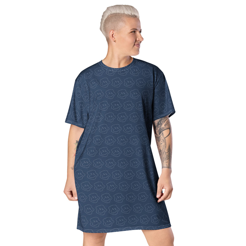 Blue Wonky Smiley Face Print T-shirt dress available in Regular and Plus Sizes