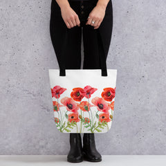 Pressed Red Poppies Flowers Tote bag gift for Rememberance Day Veterans Day, gardeners, florists or Mother's Day