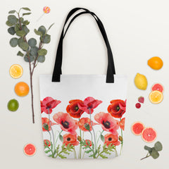 Pressed Red Poppies Flowers Tote bag gift for Rememberance Day Veterans Day, gardeners, florists or Mother's Day