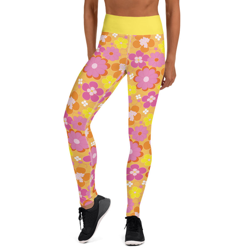 Retro Style Vintage Flower Power Yoga Leggings Yellow and Pink Leggings for Working Out