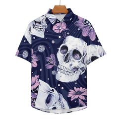 Skull and Flowers Hawaiian Slubbed Fabric Short Sleeve Shirt with Pocket