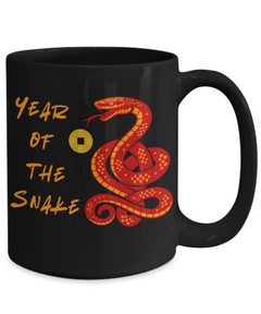 Year of the Snake 2025 black 15oz coffee mug Red Snake Chinese New Years Coin