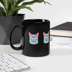 Artistic Geometric Colorful Cat Black Glossy Mug