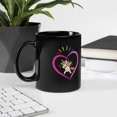 Dabbing Unicorn Heart Rainbow Valentine's Day Black Glossy Mug