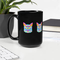 Artistic Geometric Colorful Cat Black Glossy Mug