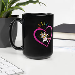 Dabbing Unicorn Heart Rainbow Valentine's Day Black Glossy Mug