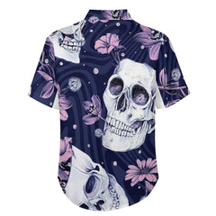 Skull and Flowers Hawaiian Slubbed Fabric Short Sleeve Shirt with Pocket