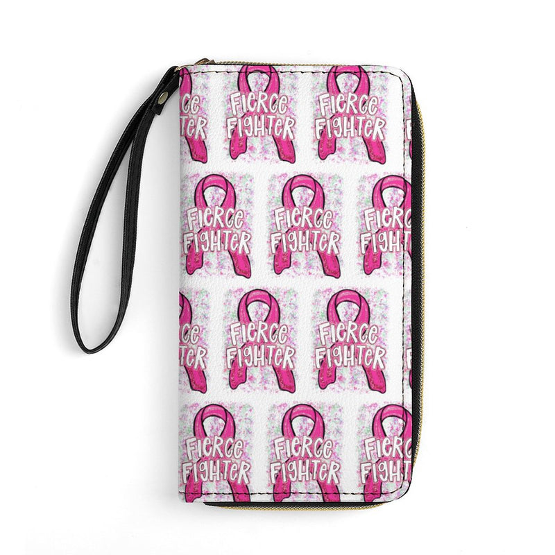 Fierce Fighter Breast Cancer Awareness Ribbon Leather Wallet with Wristlet Strap