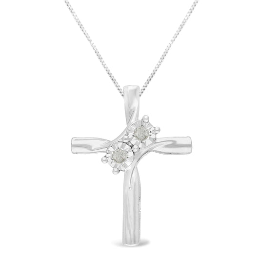 .925 Sterling Silver 1/10 Cttw Diamond Miracle-Set 2 Stone 'Together Forever' Curved Cross 18” Pendant Necklace (I-J Color, I2-I3 Clarity)
