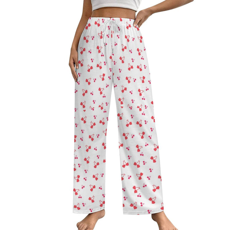 Heart Cherries Drawstring Women Wide Leg Pajamas Pants