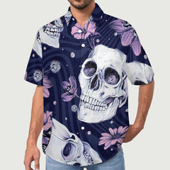 Skull and Flowers Hawaiian Slubbed Fabric Short Sleeve Shirt with Pocket