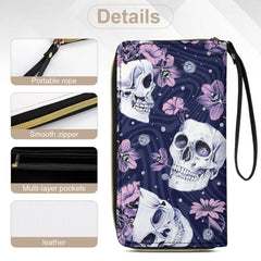 Skull and Flower PU Leather Wallet with Wristlet Strap