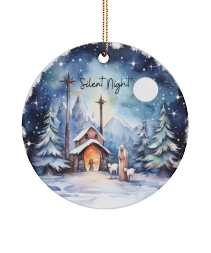 Silent Night Holiday Christmas Tree Ornament with Church and Sheppard