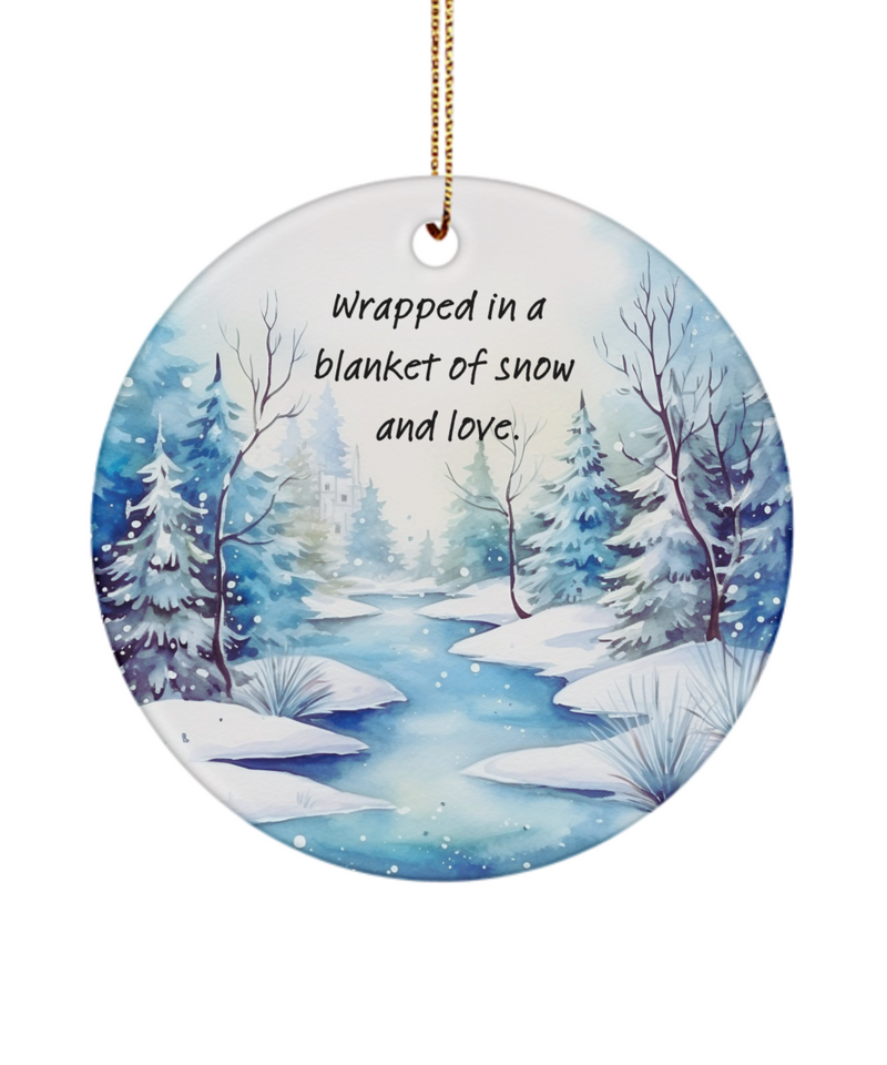 Wrapped in a Blanket of Snow and Love Blue Toned Winter Holiday Christmas Tree Ornament