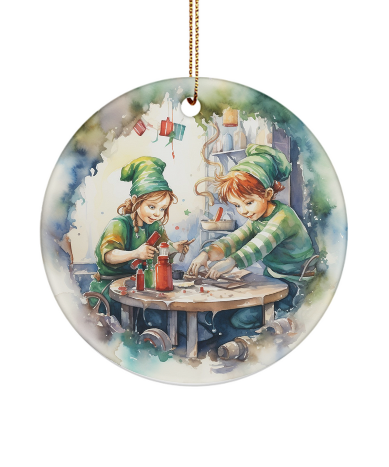 Santa's Elves in Workshop Cute Ceramic Holiday Christmas Tree Ornament