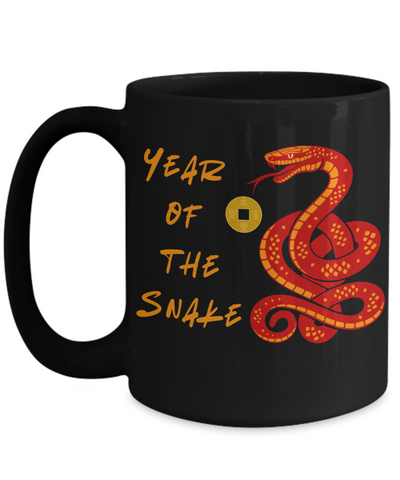 Year of the Snake 2025 black 15oz coffee mug Red Snake Chinese New Years Coin